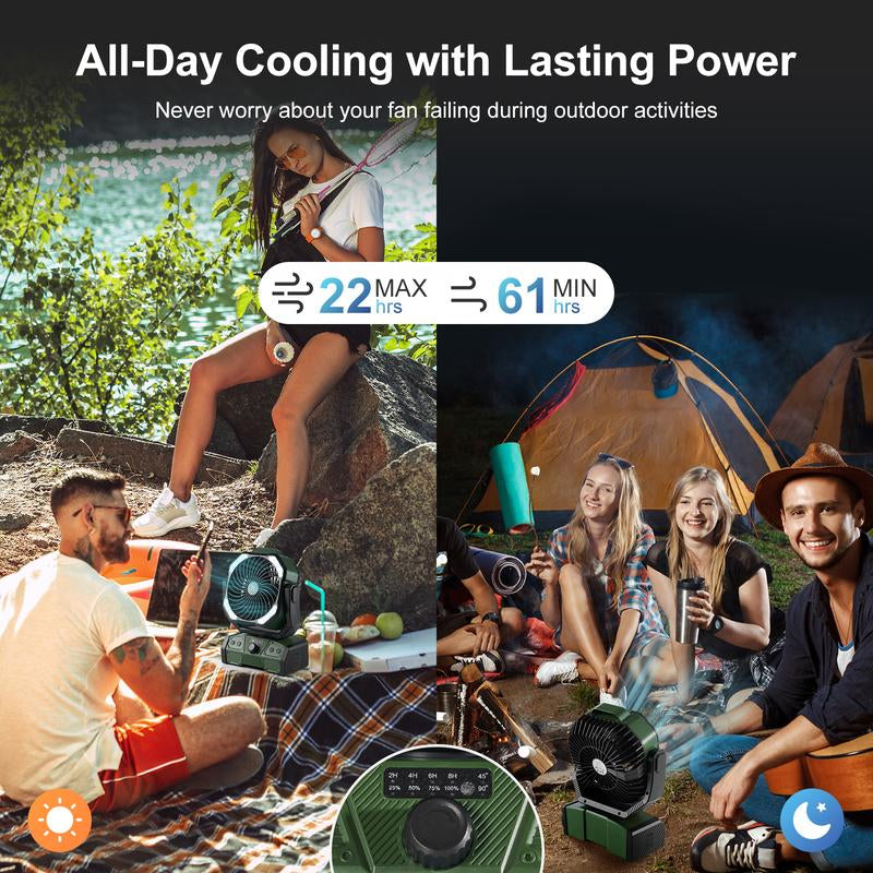 Odoland 40000Mah Camping Fan with LED Light, Battery Operated Oscillating Desk Fan with Remote & Hook, Rechargeable Outdoor Tent Fan with Timer for Hurricane Power Outage Travel Jobsite RV