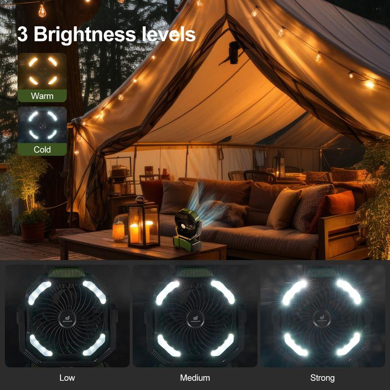 Odoland 40000Mah Camping Fan with LED Light, Battery Operated Oscillating Desk Fan with Remote & Hook, Rechargeable Outdoor Tent Fan with Timer for Hurricane Power Outage Travel Jobsite RV