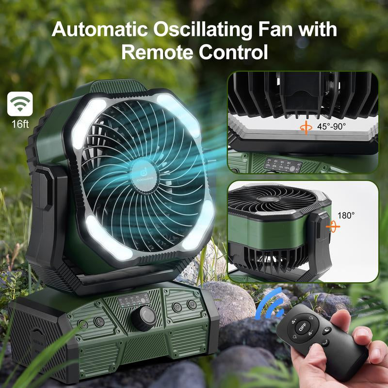 Odoland 40000Mah Camping Fan with LED Light, Battery Operated Oscillating Desk Fan with Remote & Hook, Rechargeable Outdoor Tent Fan with Timer for Hurricane Power Outage Travel Jobsite RV