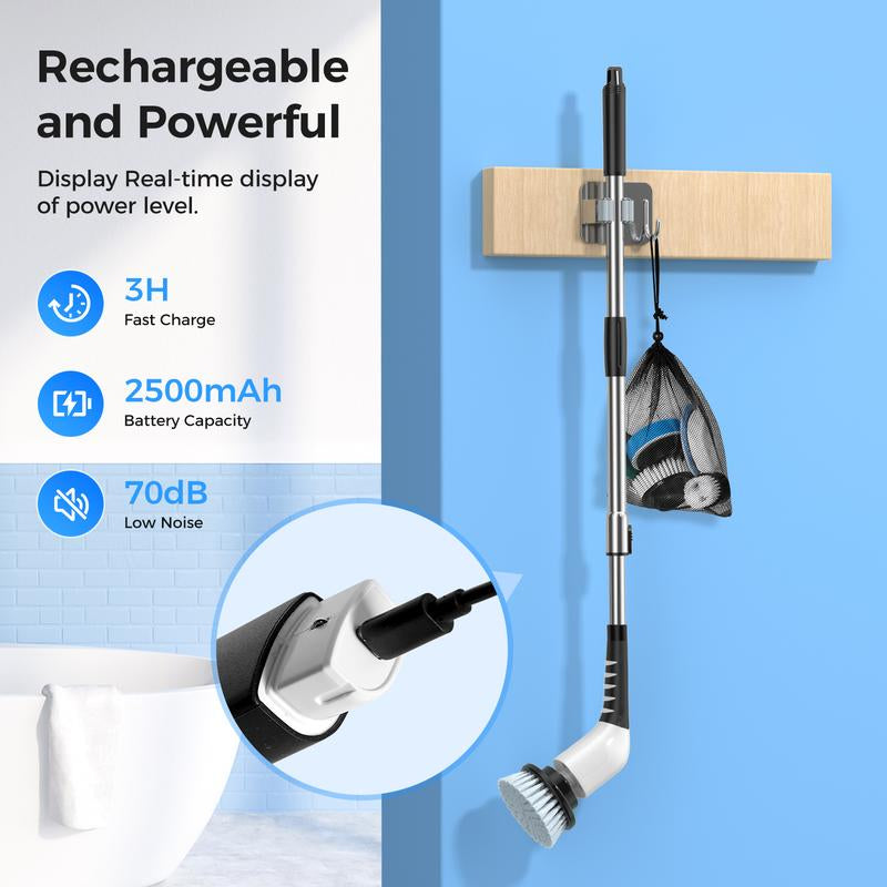 Electric Spin Scrubber Electric Cleaning Brush, Power Scrubber, Floor Brush,Scrubbing Brush, with 8 Replaceable Brush Heads and 3 Adjustable Length Handle, 3 Adjustable Speeds for Bathroom, Kitchen, Household Cleaning Supplies ,Portable Durable