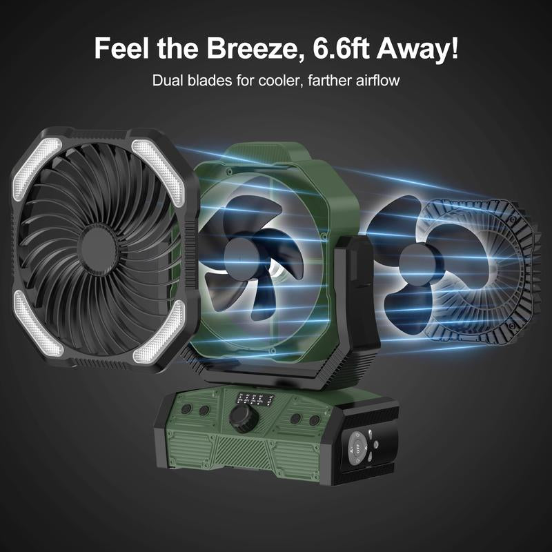 Odoland 40000Mah Camping Fan with LED Light, Battery Operated Oscillating Desk Fan with Remote & Hook, Rechargeable Outdoor Tent Fan with Timer for Hurricane Power Outage Travel Jobsite RV