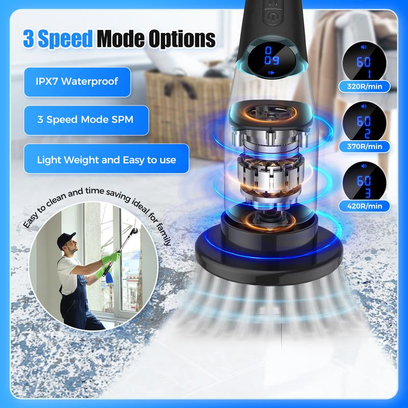Electric Spin Scrubber Electric Cleaning Brush, Power Scrubber, Floor Brush,Scrubbing Brush, with 8 Replaceable Brush Heads and 3 Adjustable Length Handle, 3 Adjustable Speeds for Bathroom, Kitchen, Household Cleaning Supplies ,Portable Durable