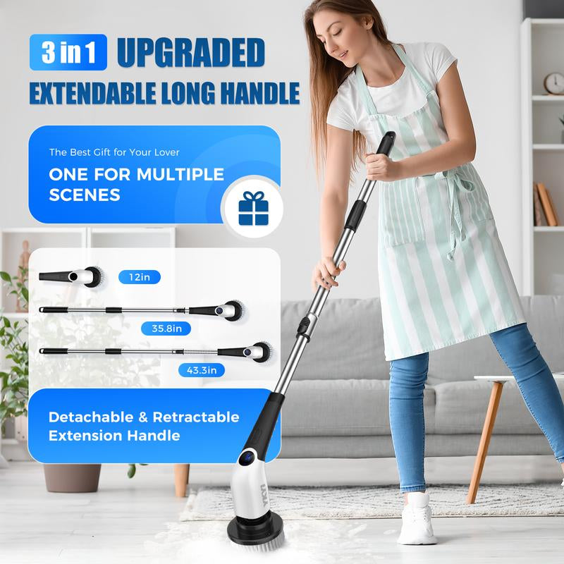 Electric Spin Scrubber Electric Cleaning Brush, Power Scrubber, Floor Brush,Scrubbing Brush, with 8 Replaceable Brush Heads and 3 Adjustable Length Handle, 3 Adjustable Speeds for Bathroom, Kitchen, Household Cleaning Supplies ,Portable Durable