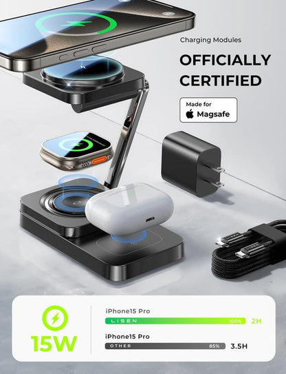 LISEN Foldable Sleek Design Charger 3 in 1 for Apple Magsafe Charger Stand Wireless Charger Iphone and Watch Charging Station for Multiple Devices for Apple with Iphone 15 Pro Max Airpods Apple Watch Perfect Gifts