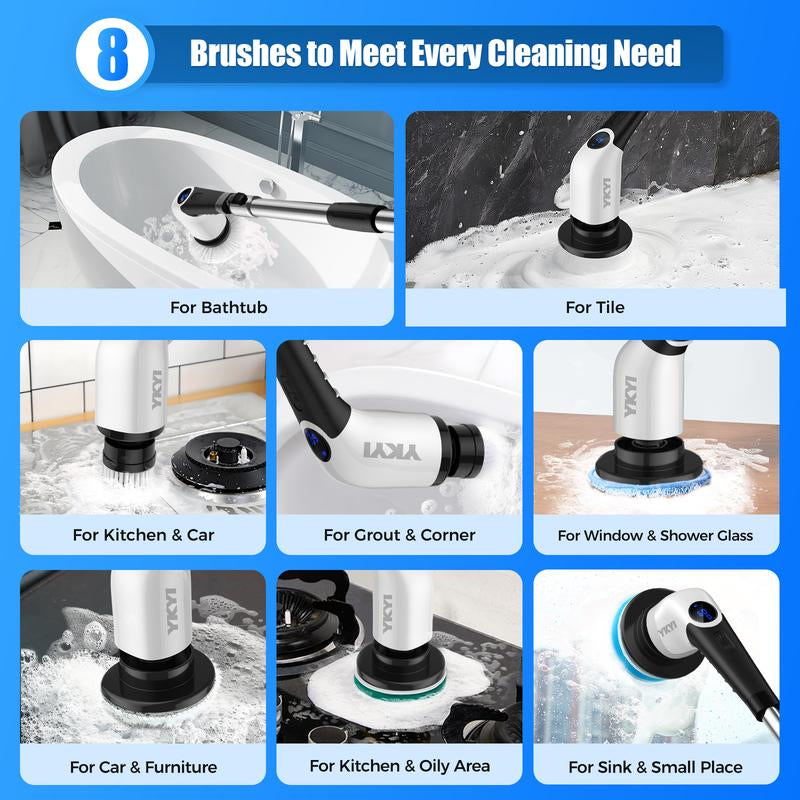 Electric Spin Scrubber Electric Cleaning Brush, Power Scrubber, Floor Brush,Scrubbing Brush, with 8 Replaceable Brush Heads and 3 Adjustable Length Handle, 3 Adjustable Speeds for Bathroom, Kitchen, Household Cleaning Supplies ,Portable Durable