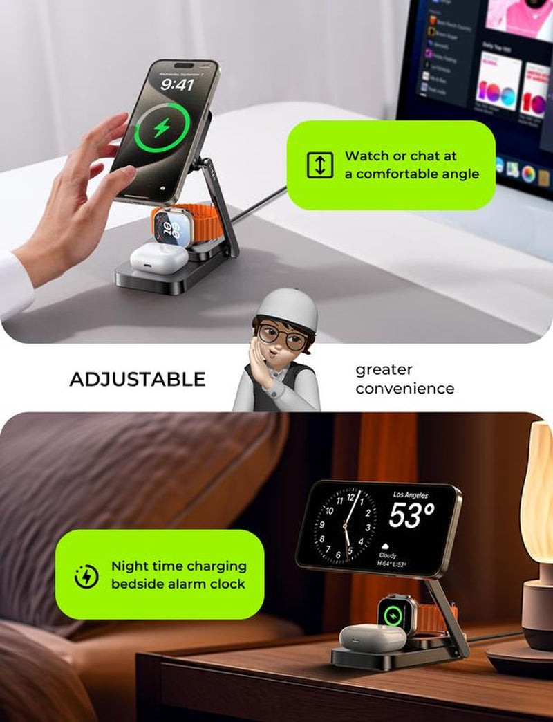 LISEN Foldable Sleek Design Charger 3 in 1 for Apple Magsafe Charger Stand Wireless Charger Iphone and Watch Charging Station for Multiple Devices for Apple with Iphone 15 Pro Max Airpods Apple Watch Perfect Gifts