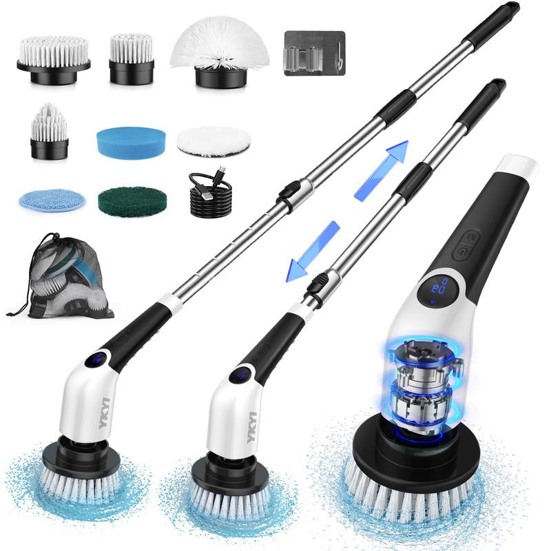 Electric Spin Scrubber Electric Cleaning Brush, Power Scrubber, Floor Brush,Scrubbing Brush, with 8 Replaceable Brush Heads and 3 Adjustable Length Handle, 3 Adjustable Speeds for Bathroom, Kitchen, Household Cleaning Supplies ,Portable Durable